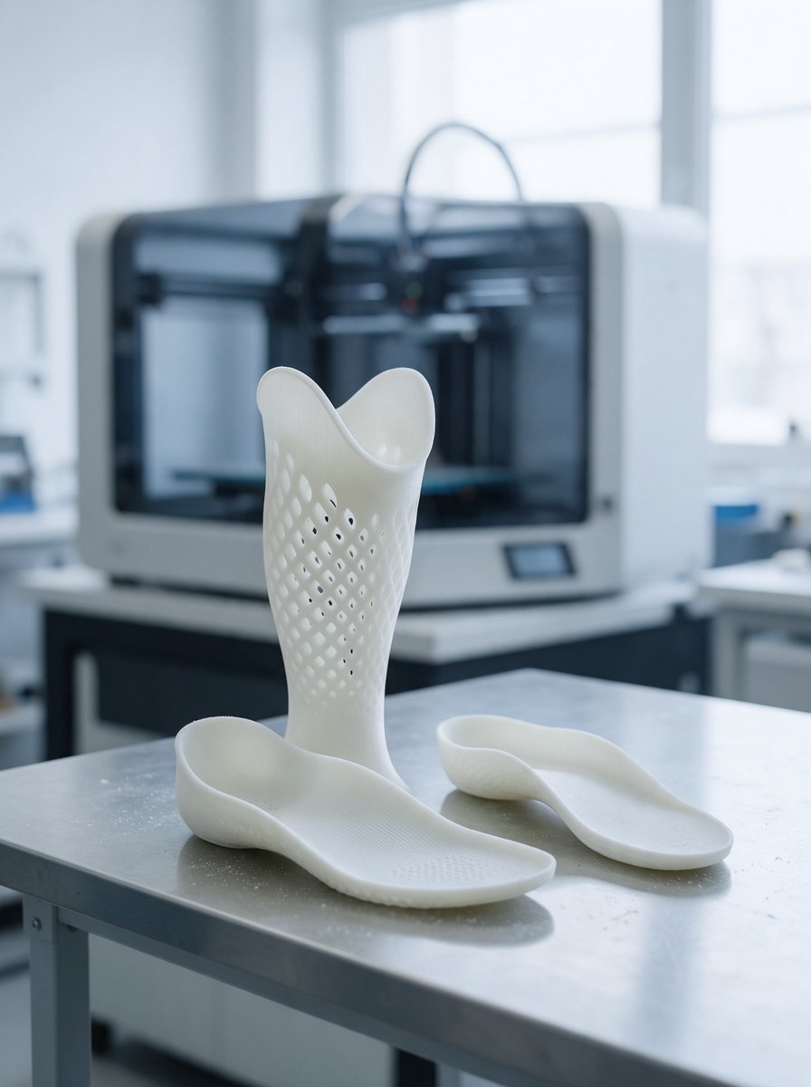 A white 3D-printed ankle-foot orthosis with a lattice calf section on a bench beside a printed orthotic shell, a 3D printer behind