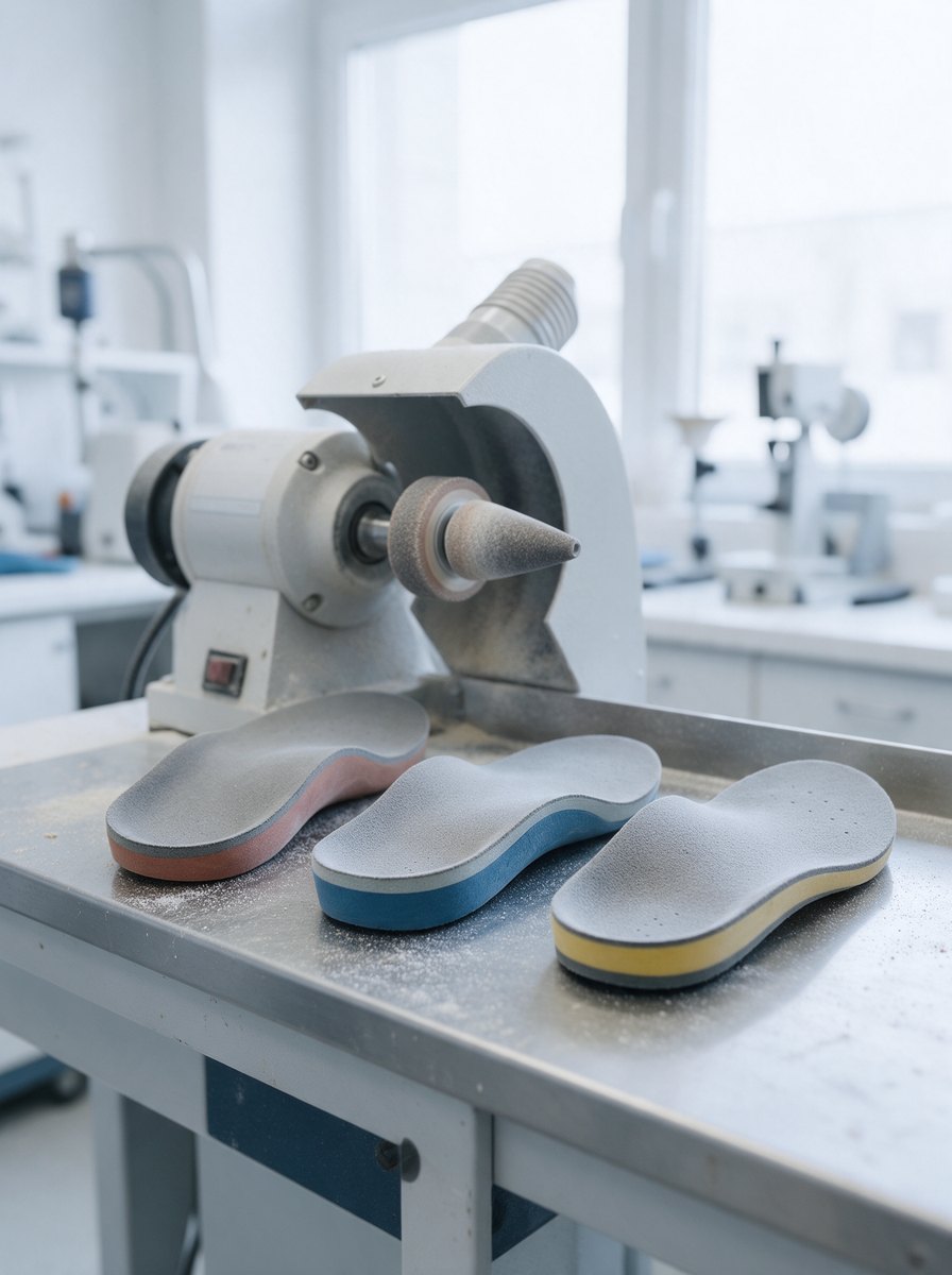 Three finished custom foot orthoses with grey top covers and coloured EVA bases on a bench in front of a finishing grinder