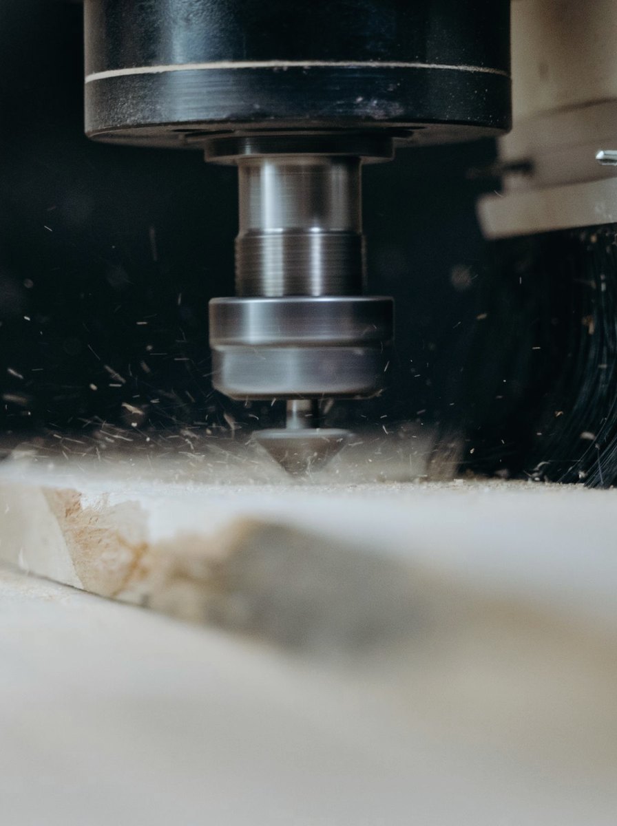 A CNC router spindle cutting into a pale board, chips flying from the cutter