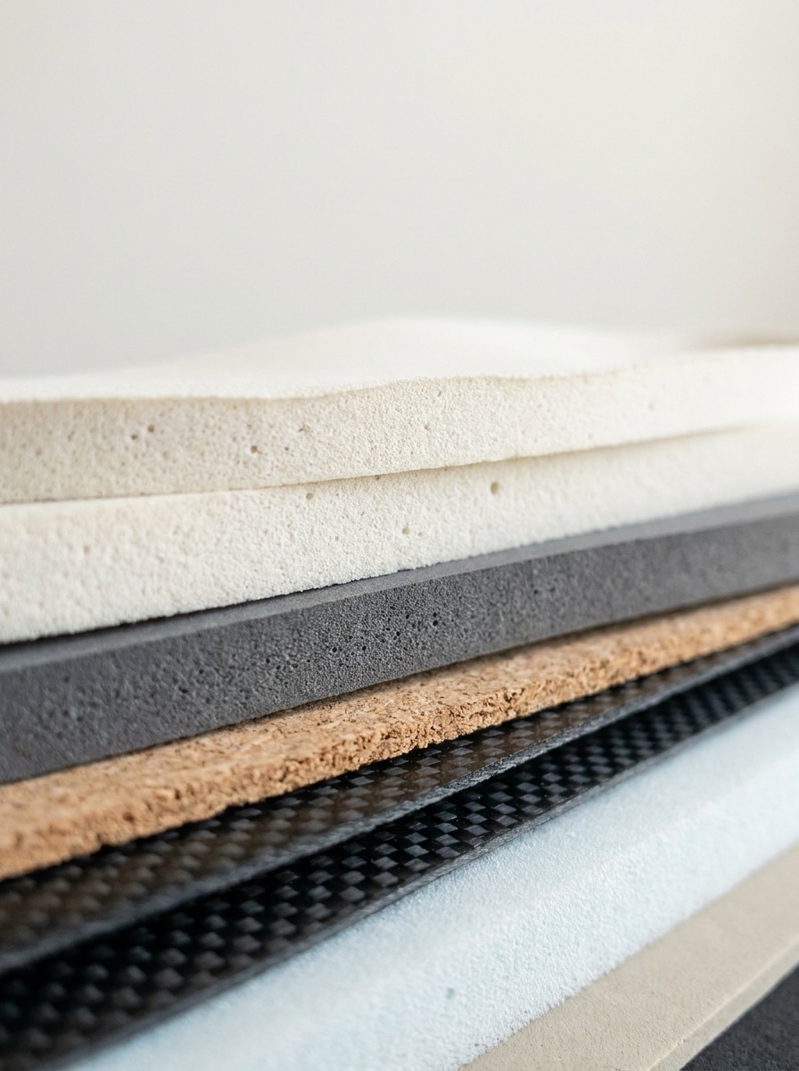 Stacked cut edges of orthotic fabrication materials: EVA foam, cork and carbon composite