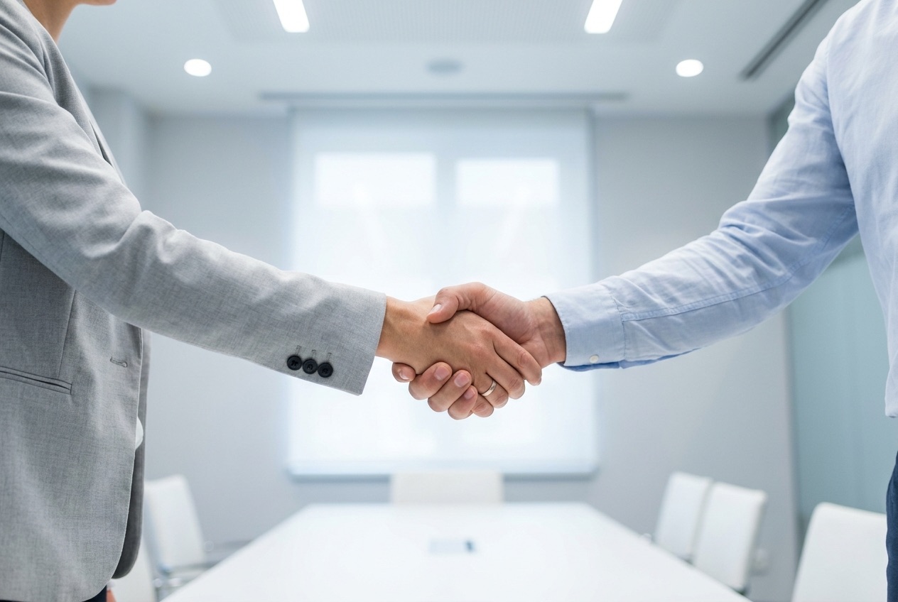 Two people shaking hands across a table in a bright meeting room