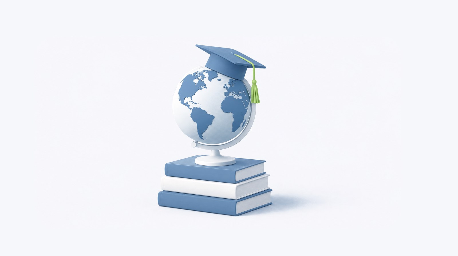 Illustration of a desk globe wearing a graduation cap, standing on a stack of books