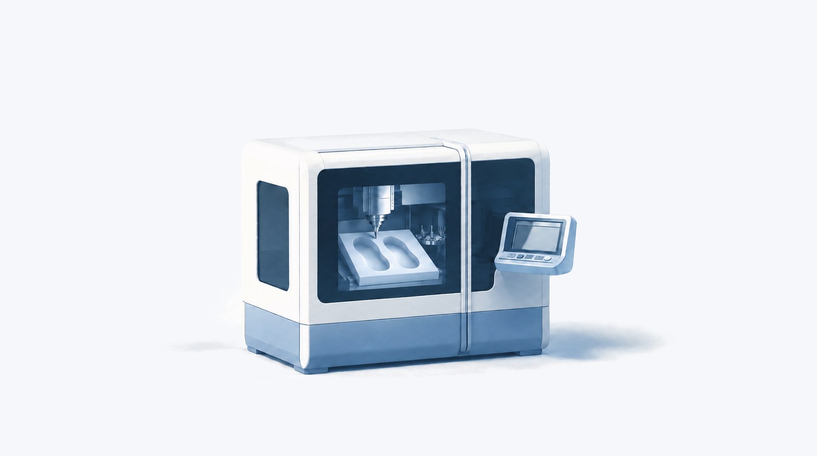 Illustration of an enclosed CNC milling machine carving a pair of insoles from a foam block