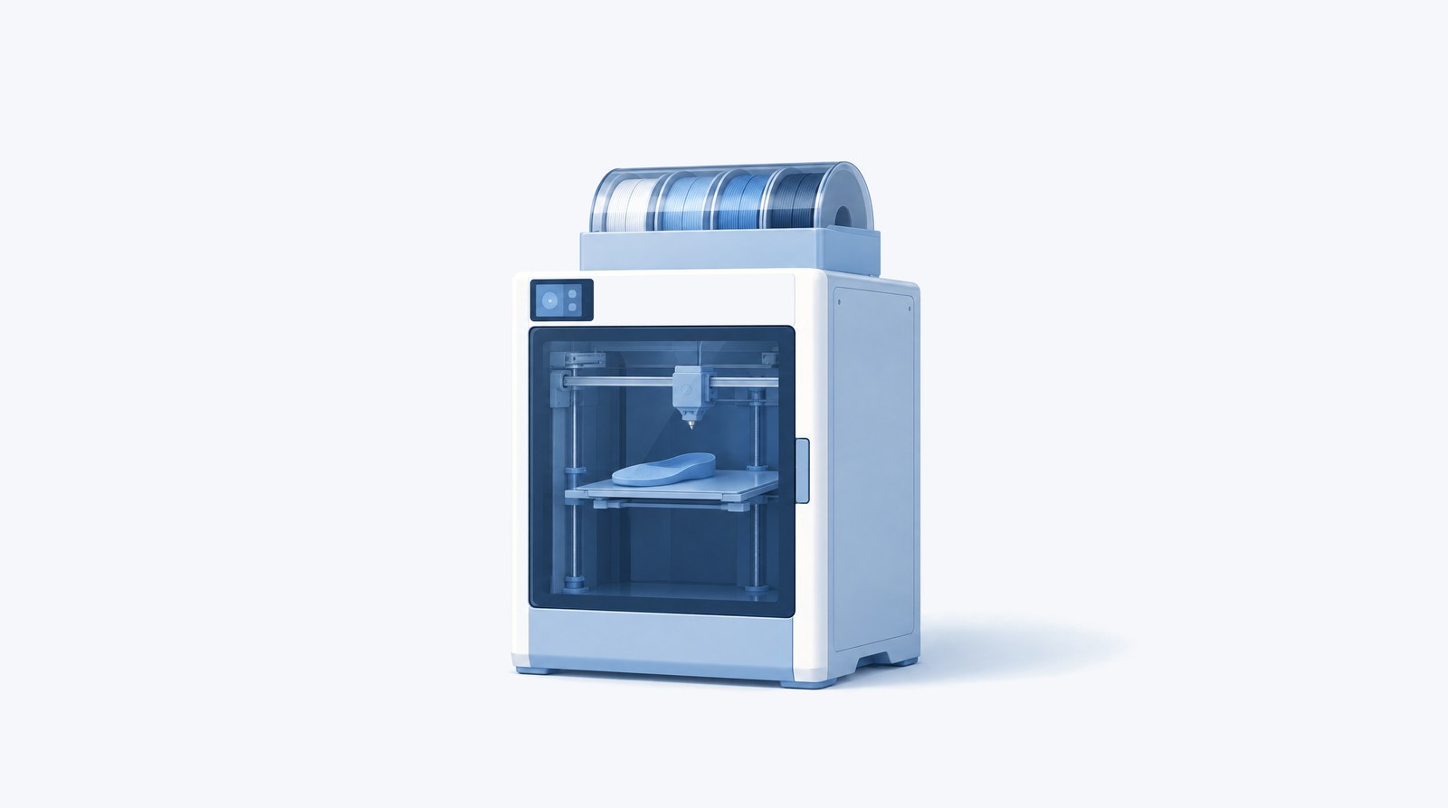 Illustration of an enclosed desktop 3D printer with filament spools on top, printing an insole