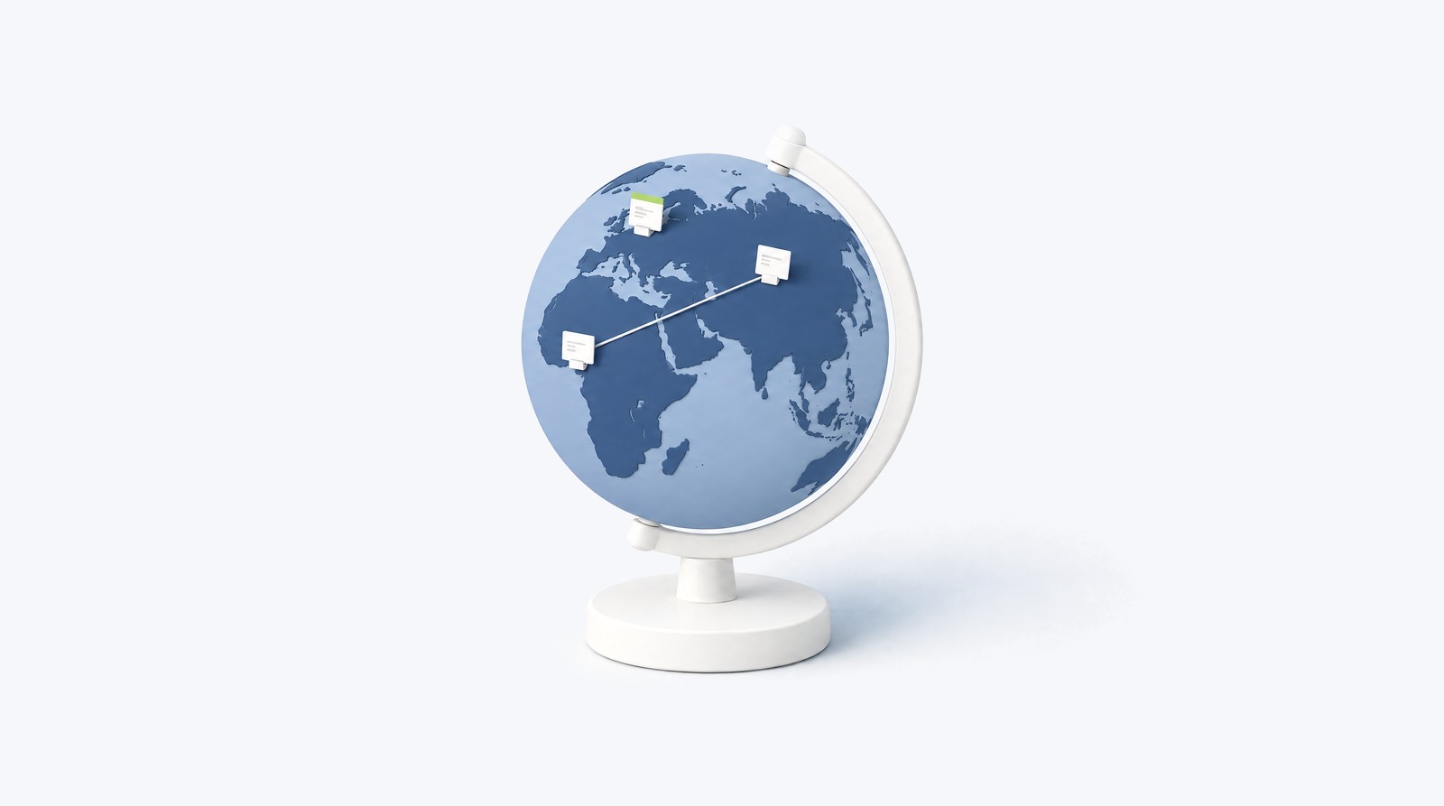 Illustration of a desk globe with opportunity briefs standing on different continents